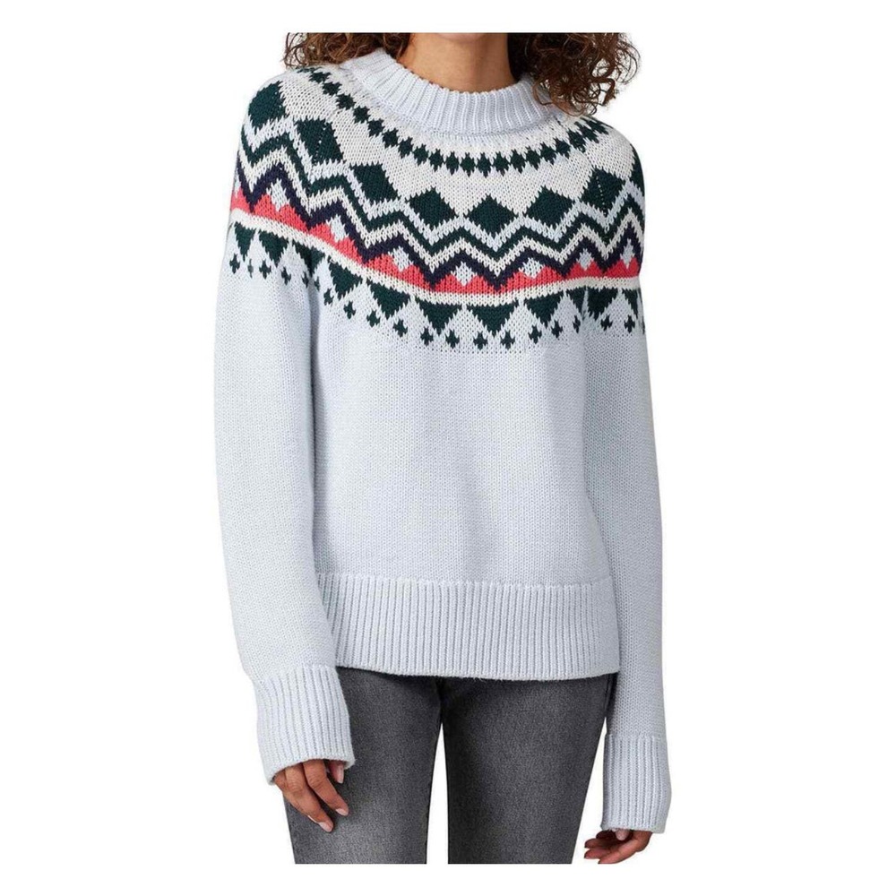 Tory Burch White Fair Isle Yoke Sweater with Green and Red Accents